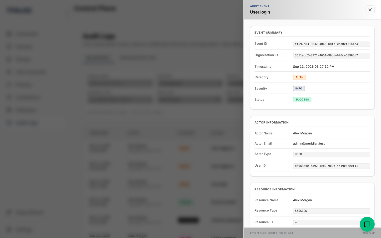 Structured Audit Event Drawer Tracking Metadata